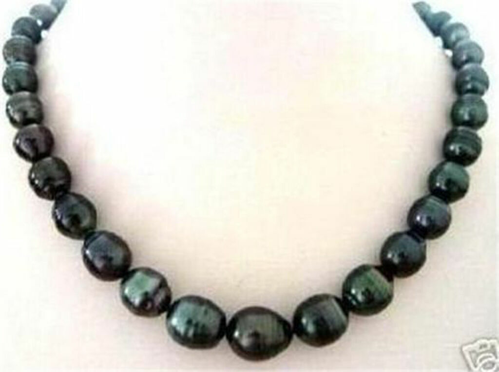 18-Inch Natural Tahitian Rice Black Pearl Necklace - 9-10mm Baroque Pearls, Silver Plated