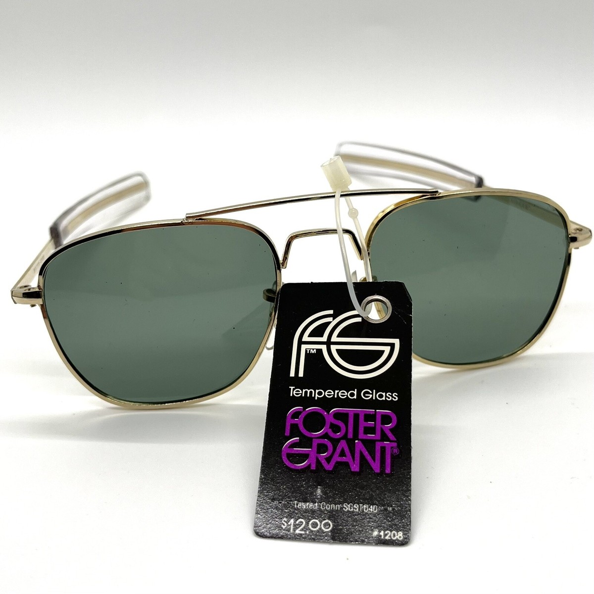 NOS Vintage Foster Grant Gold Aviator Tempered Glass Sunglasses