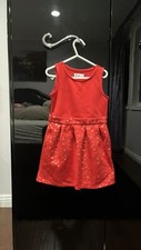 Girls Sleeveless Dress, Gold Star Pattern, Red, Size 5T, Gently Worn