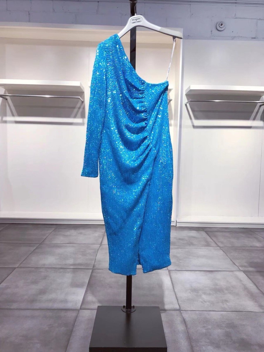 lavish alice blue sequin dress LAVISH ALICE Blue Sequined One Shoulder Dress 12 NWT