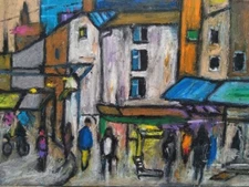 Oil pastel cityscape handmade artwork  8,3×11,7 inches+free frame