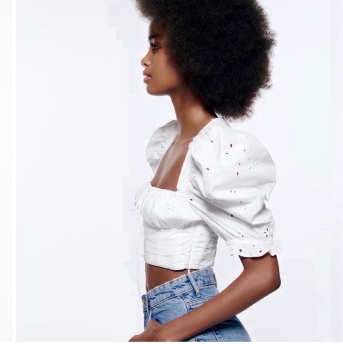 ZARA White Embroidered Eyelet Crop Top M