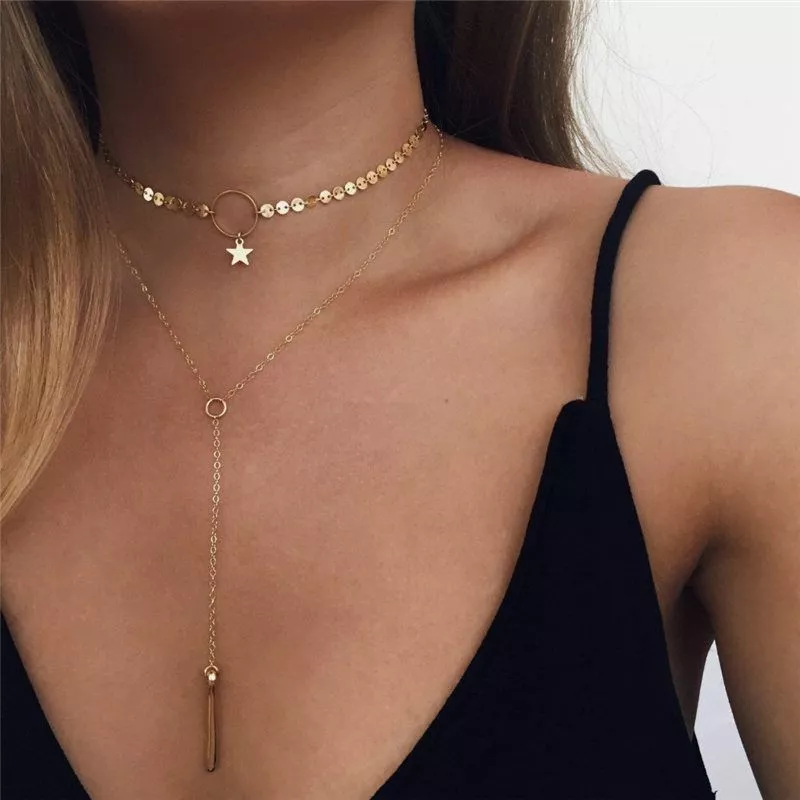 2023 New Collar Pendant Necklace Fashion Chain Multi-Layer Choker Crystal  Women Jewelry Necklaces Pendants Wear Photo Necklace (Gold, One Size)