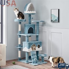 Ocean-Themed Cat Tree Multi-Level Tower W/ Shark Bed Fish Scratcher Condo New