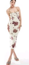 ASOS DESIGN Cupped Paneled Linen Midi Floral Pencil Dress Cut Out Back Sz US 10