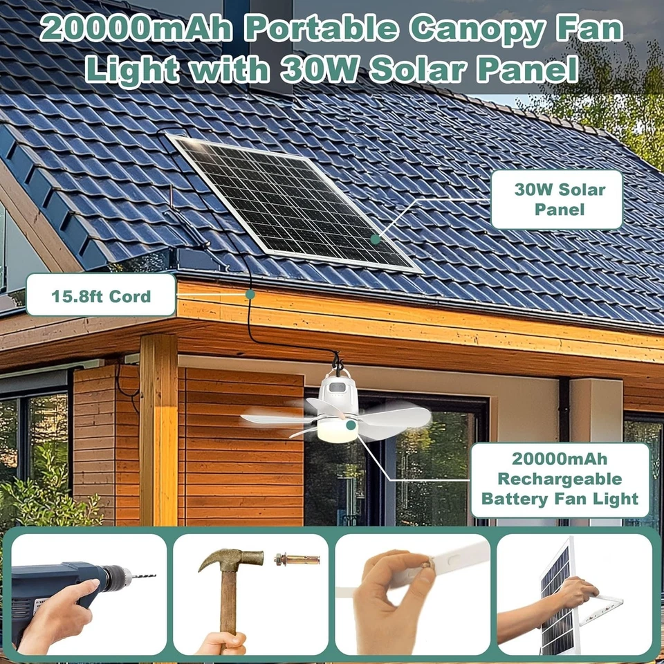 Solar Ceiling Fan Light, 20000mAh Portable Gazebo Fan with 30W Solar Powered Fan - image 2 of 4