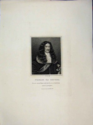 Original alter antiker Druck 1808 Portrait Charles Ii Oak Room Cashionbury 19.