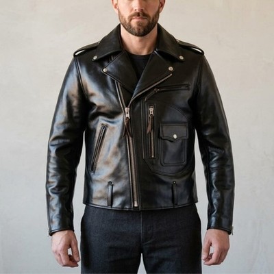 Mens Black Leather D-Pocket Biker Jacket Vintage Asymmetric Motorcycle Handmade