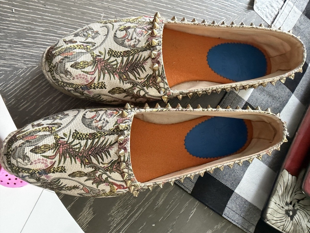 Christian Louboutin Women's Floral Canvas Flats, Spiked Studded