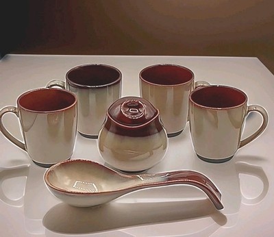 6 peice Set of  Vintage Stoneware Brown Cream Glazed Mugs Spoon Rest Sugar dish.