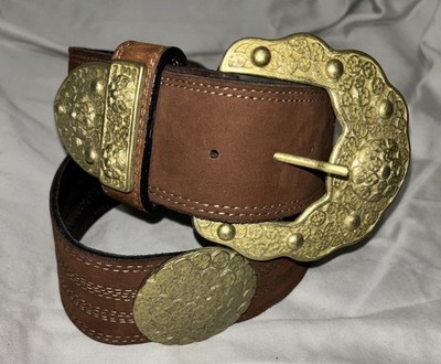 Vtg SAND CASTLE Brown Leather Ornate Brass BUCKLE Medallion Belt M/L Size 32''