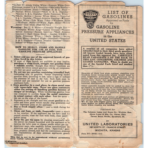 1941 Coleman Approved Gas Brands List Brochure Stove Lamp Appliance Fuel Vtg