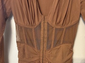 Privy Sheer Mesh Romper Jumpsuit Mesh Corset Ruched Brown Tan Deep V-neck LARGE
