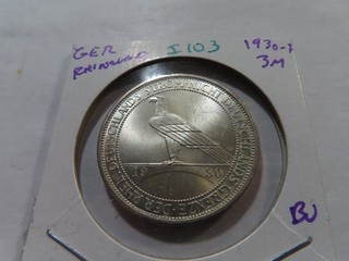 I103 Germany Weimar 1930 F Silver 3 Marks Rhineland BU