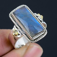 Labradorite Gemstone 925 Sterling Silver Baguette Shape Ring Jewelry HR-219