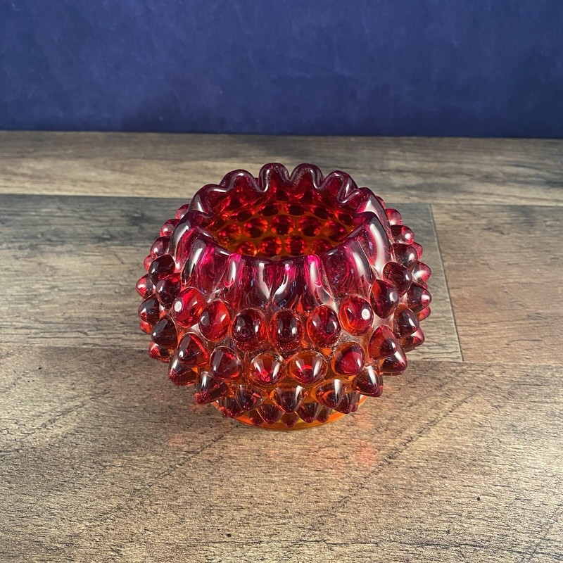 Small Crimped Rim Hobnail Amberina Rose Bowl 4.5" Dia x 3.25"H