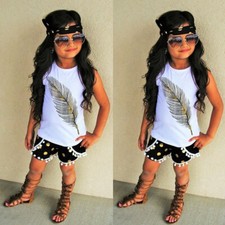 Toddler Kids Baby Girl Summer Clothes Feather Vest Top Shorts Headband Outfits