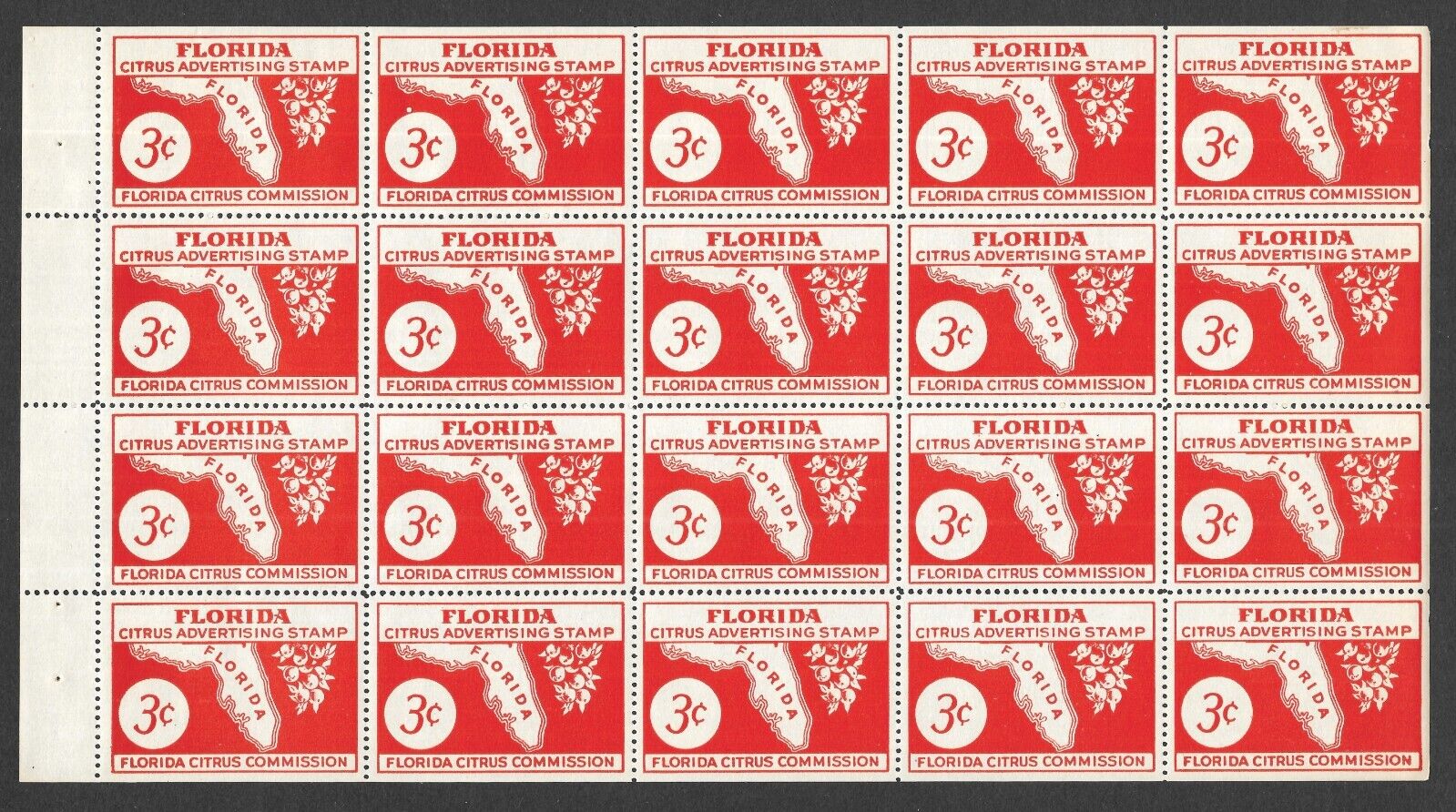 Florida 1945 Citrus Commission Advertising Revenue Mnh Full Pane Of 3C, Fl Cfa16