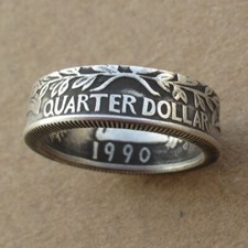 Handmade Crafted Rare Coin Ring with 1990 Quarter Dollar Silver Plated