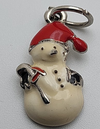 Christmas Snowman Enamel Charm Pendant Silver Tone .75"