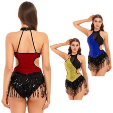 Womens Dancewear Fringed Bodysuit Contemporary Leotard Modern Sport Ballet Mesh