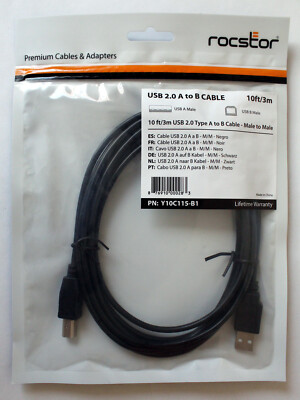 Rocstor USB 2.0 A-To-B Premium Cable 10ft 3m Male-To-Male M/M Black Lifetime NEW