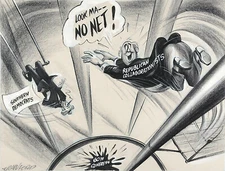 BILL CRAWFORD, VINTAGE POLITICAL CARTOON, Conté Crayon, Ink, Signed,1948