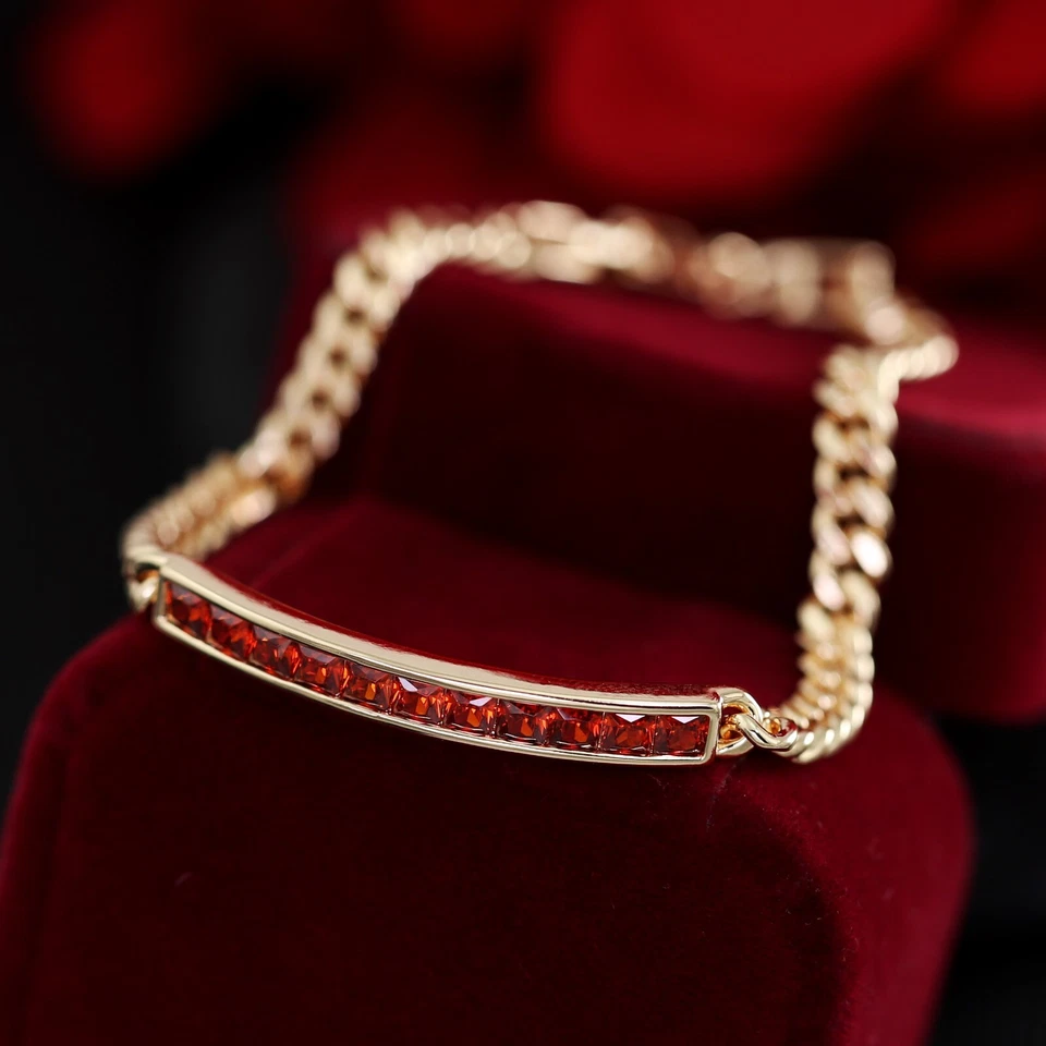 9K ROSE GOLD GF RED GARNET PRINCESS SQUARE ID CURB CHAIN GIFT BANGLE BRACELET Foto 3 de 4