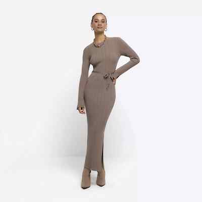 River Island Womens Maxi Jumper Dress Beige Rib Tie Waist Crew
