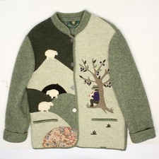 Giesswein Wool Coat Womens 14 Green Brown Countryside Sheep Scene Button Front