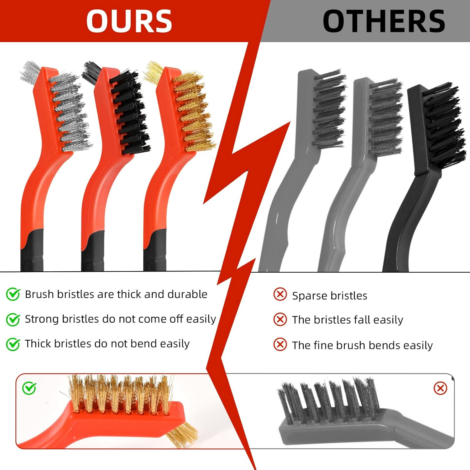 3Pcs Wire Brush Set for Rust Paint Metal Cleaning – Brass Nylon Steel 7 Inch