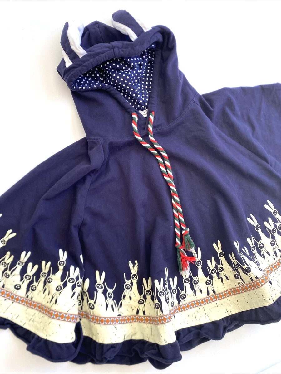 CAT BLOSSOMING Navy Blue Jersey Knit Bunny Ears Hood Cape Poncho Embroidered M