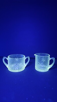 Vintage Sugar Bowl and Creamer Star Cut w/ Pinwheel Bottom UV Reactant Manganese