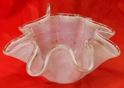 Glass Handblown Handkerchief Bowl white w gold flecks clear rim - Picture 5 of 21
