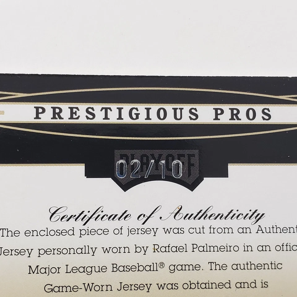 Camiseta deportiva Rafael Palmeiro 2005 Donruss Playoff Prestigious Pros #25 usada en juegos/10 Foto 4 de 4