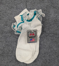 Vintage Lace Ruffle Socks Womens 9-11 Nylon Coquette White Teal Light Girly Y2K