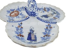 c1900 Henriot Quimper Swan Handled 3 Part relish tray