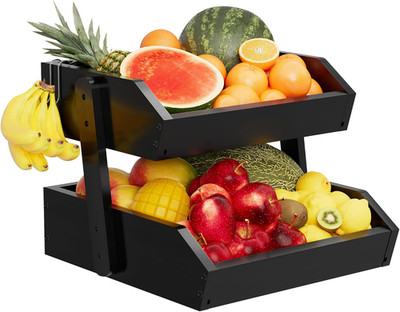 Bamboo 2 Tier Fruit Basket for Kitchen Counter, Large Capacity Fruit Storage Cou