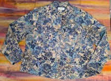 ⭐Womens CJ BANKS Jacket Coat Canvas Top Floral LINEN Pattern Blue Abstract X