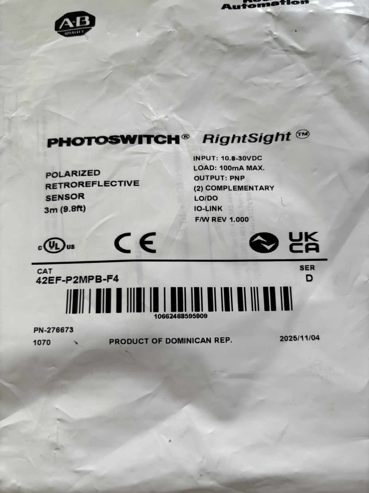 Allen Bradley 42EF-P2MPB-F4 /SER-D PHOTOSWITCH RightSight 3m Sensor