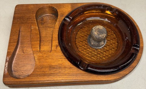 Decatur Vintage Wooden Double Ashtray & Pipe Holder Walnut Base Cigar Tob