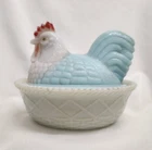 Antique Westmoreland Blue & White Hen On Nest w Painted Comb & Old Shop Label