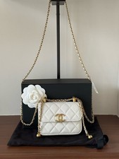 Auth Chanel Mini Flap Bag White Quilted Leather Gold Metal Ball Chain Crossbody