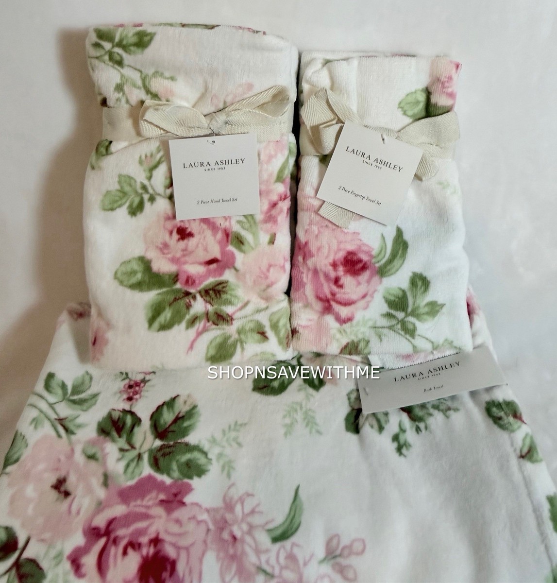 Laura Ashley Lisalee Pink Plush Finger Tip, Hand & Bath Towel Set