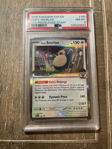 POKEMON 2025 JOURNEY TOGETHER HOP'S SNORLAX PRERELEASE STAFF 184 PSA 8