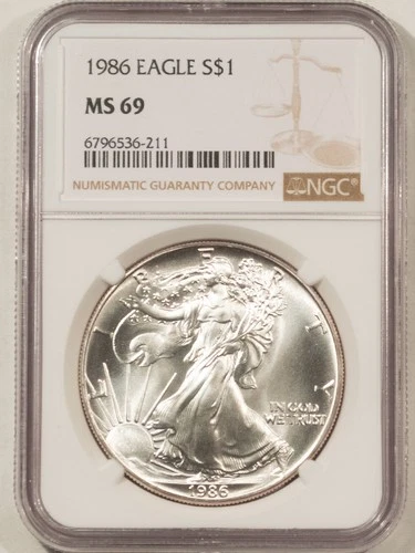 1986 $1 AMERICAN SILVER EAGLE, 1 OZ .999 - NGC MS-69, FIRST YEAR!