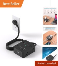 Black 5ft Power Strip with 8 Wide Outlets and 4 USB Ports for Home and Office