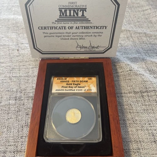 2010-W Proof $5 Gold Eagle First Day Of Issue Anacs Pr70 Dcam