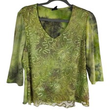 Womens VTG Floral Green Embroidered Top V-Neck Sz L Mesh Forest Fairy Grunge Y2K