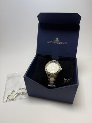 Jacques Lemans 1-1595 Damen Quarz Edelstahl Kristall-Lünette Datum
